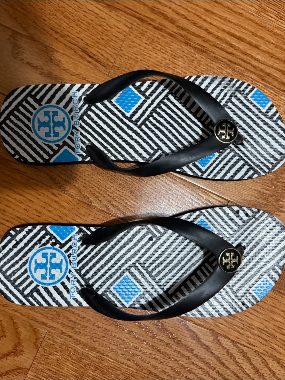 Tory Burch Black Strap Flip Flops with Blue Patterned Footbed